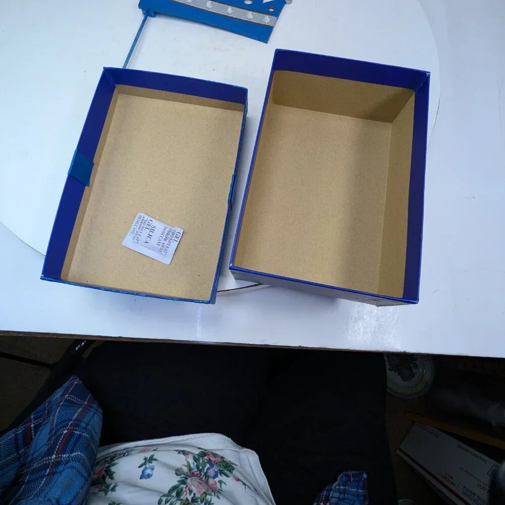 Blue Wood Rhinestone Crown Cake Topper & Glitter Striped Gift Box w Satin Bow